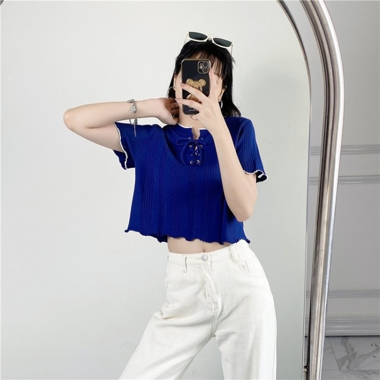 Knitted V Neck Short Sleeve T-shirt Women Short Top