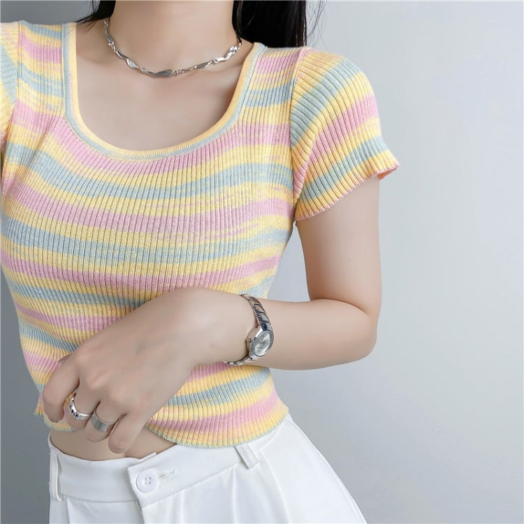 Knitted Rainbow Horizontal Striped T-shirt (Color:Yellow Size:Free Size)