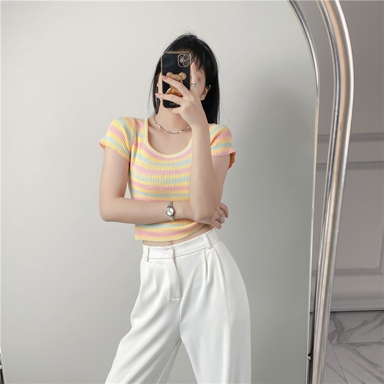Knitted Rainbow Horizontal Striped T-shirt (Color:Yellow Size:Free Size)