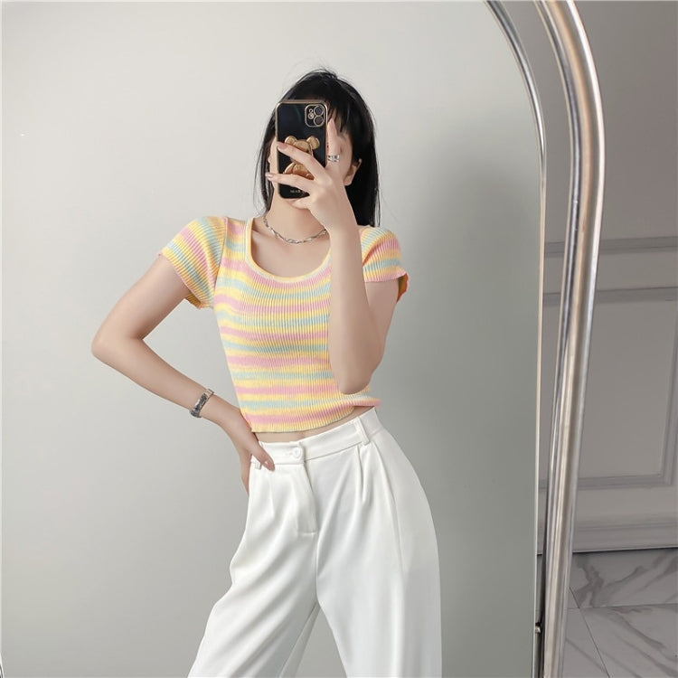 Knitted Rainbow Horizontal Striped T-shirt (Color:Yellow Size:Free Size)