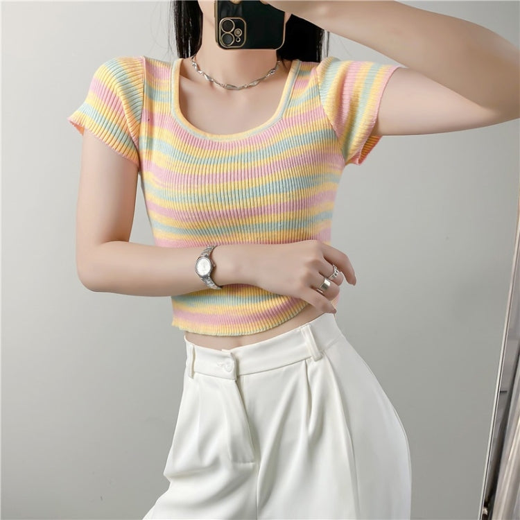 Knitted Rainbow Horizontal Striped T-shirt (Color:Yellow Size:Free Size)