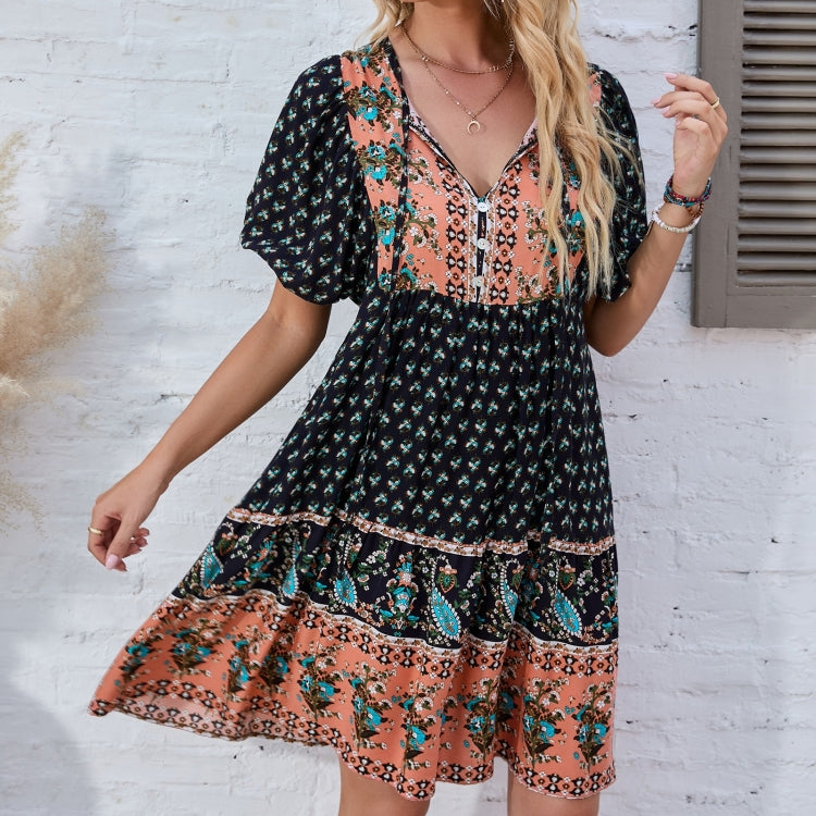 Women Holiday Style Flower Short Sleeve Dress