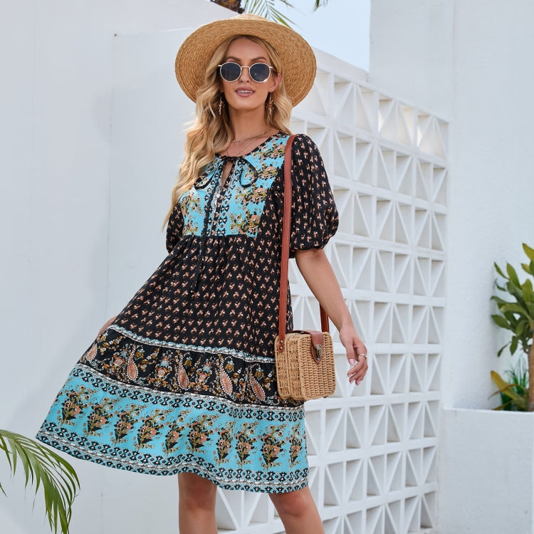Women Holiday Style Flower Short Sleeve Dress
