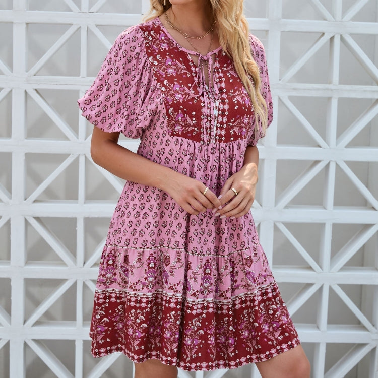 Women Holiday Style Flower Short Sleeve Dress
