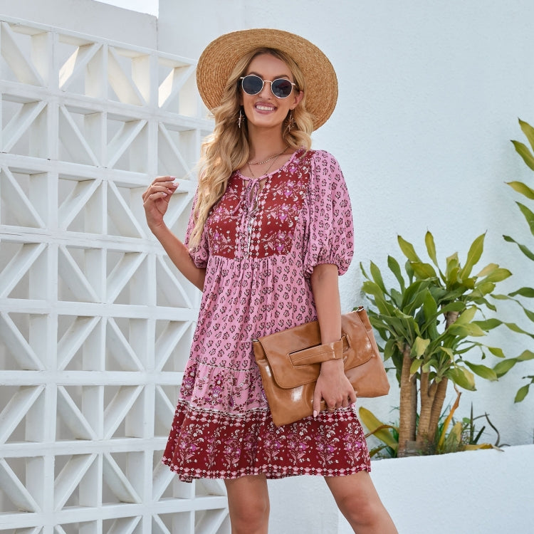 Women Holiday Style Flower Short Sleeve Dress