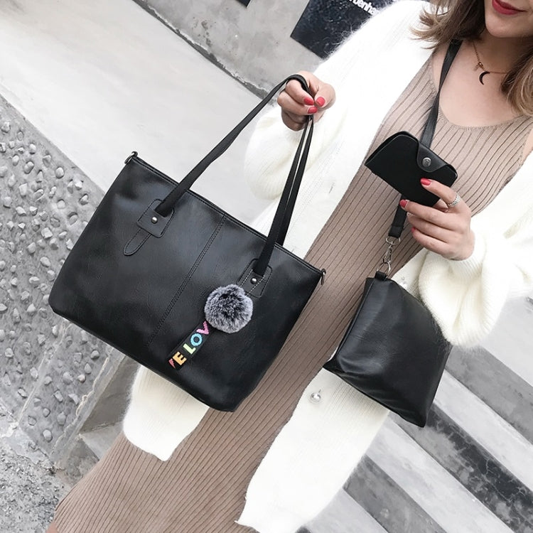 3 in 1 Casual PU Shoulder Bag Ladies Handbag Messenger Bag with Plush Ball