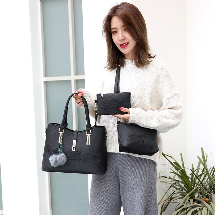 3 in 1 Embroidery Rose Pattern PU Shoulder Bag Ladies Handbag Messenger Bag with Plush Ball