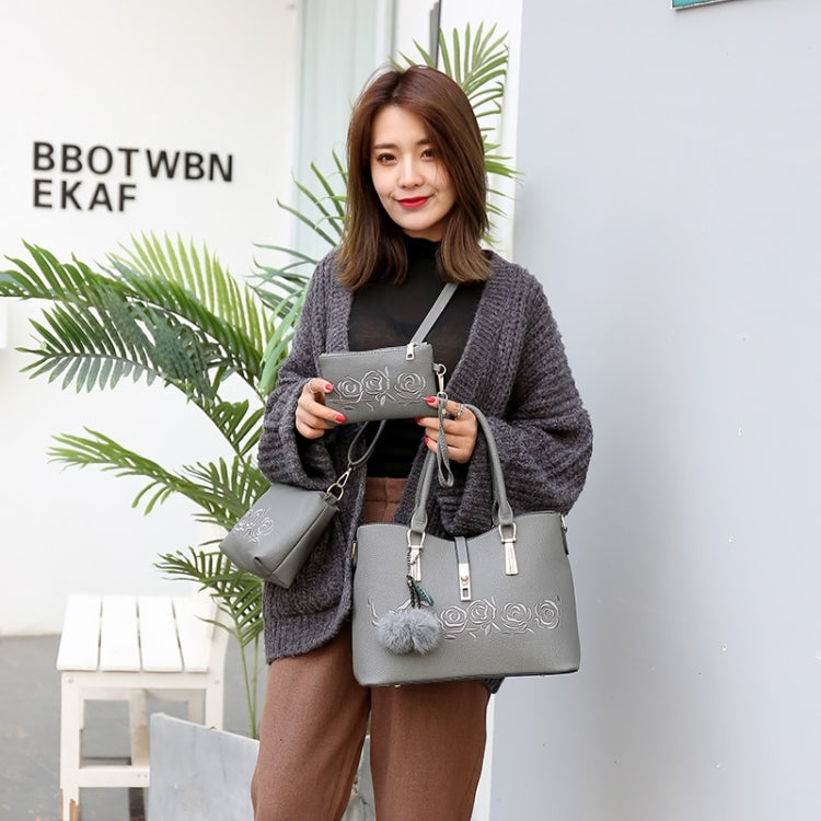 3 in 1 Embroidery Rose Pattern PU Shoulder Bag Ladies Handbag Messenger Bag with Plush Ball