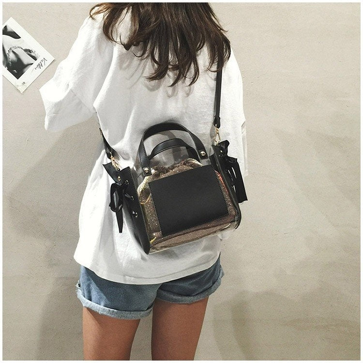 2 in 1 Clear Plastic Ribbon Single Shoulder Bag Ladies Handbag Messenger Bag