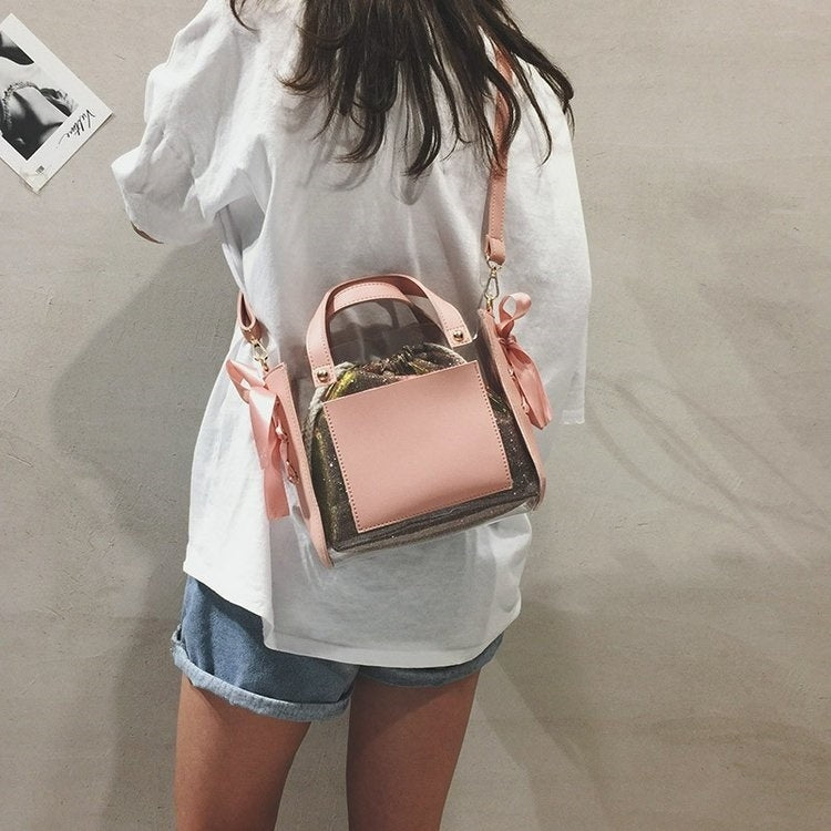 2 in 1 Clear Plastic Ribbon Single Shoulder Bag Ladies Handbag Messenger Bag