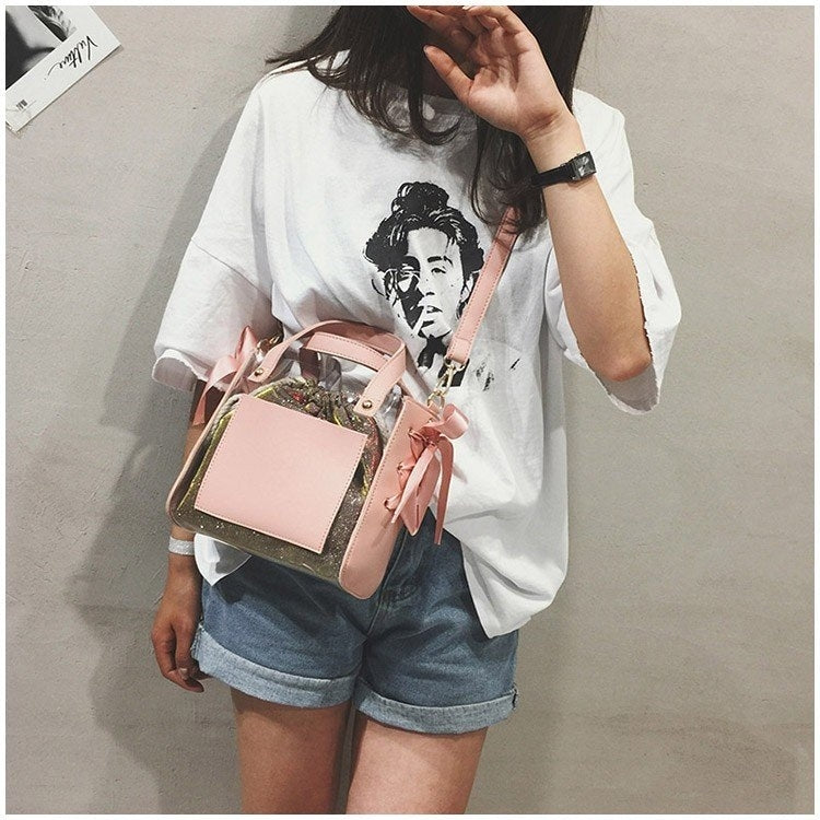 2 in 1 Clear Plastic Ribbon Single Shoulder Bag Ladies Handbag Messenger Bag