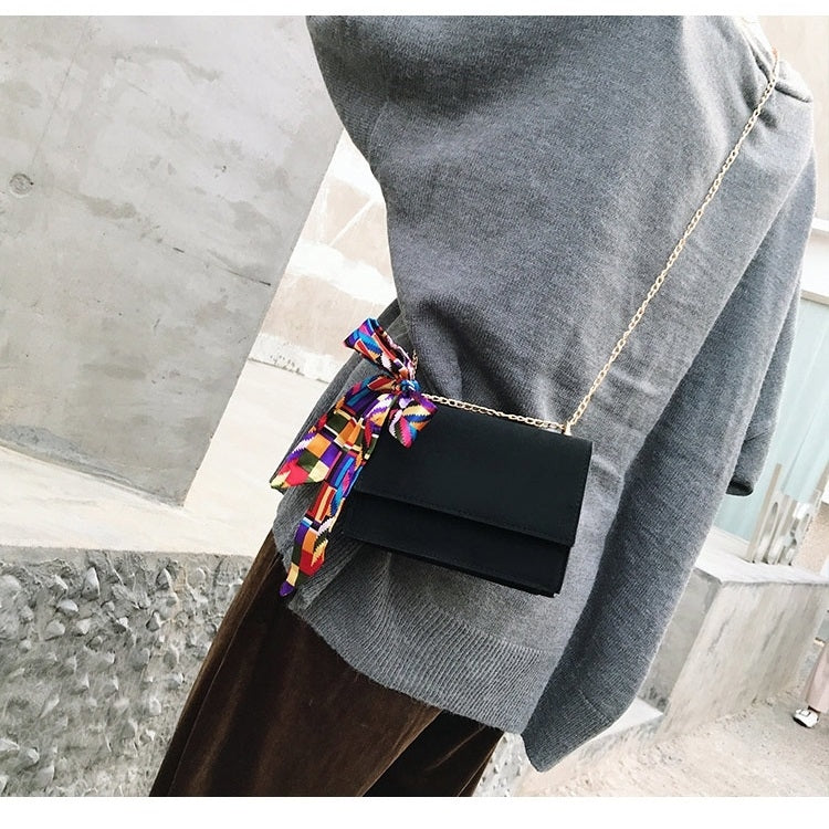 Matte Small Square Bag Silk Scarf Shoulder Bag Messenger Bag Ladies Handbag (Black)