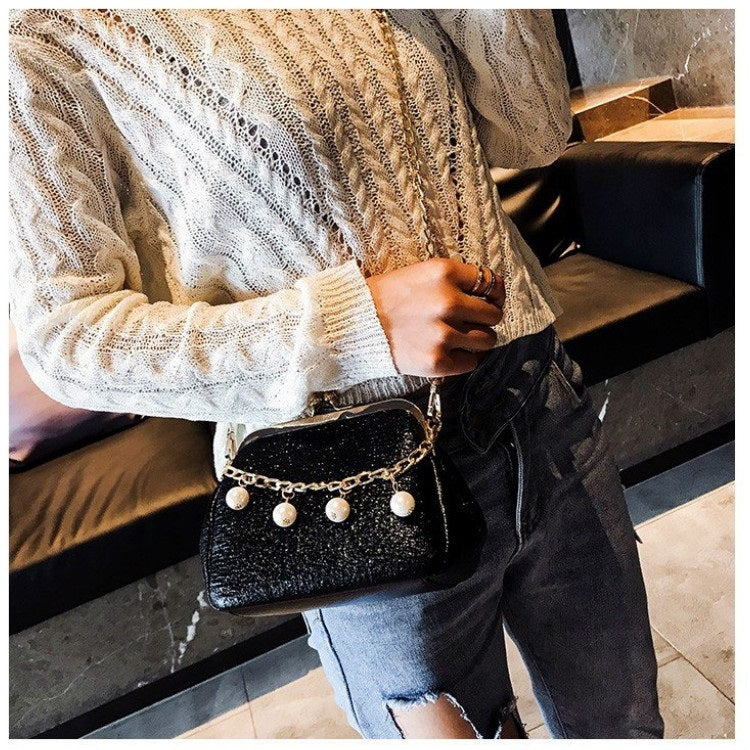 Fashion Pearl Chain-strap Single Shoulder Bag Lady Messenger Tote Bag (Black)