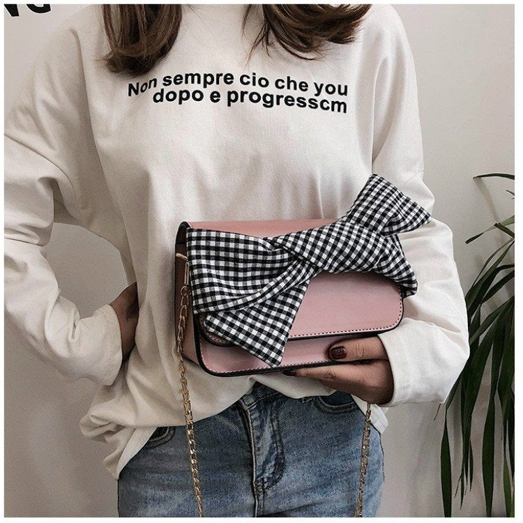 Plaid Cloth Bow Fashion PU Leather Single Shoulder Bag Ladies Messenger Tote Bag (Pink)