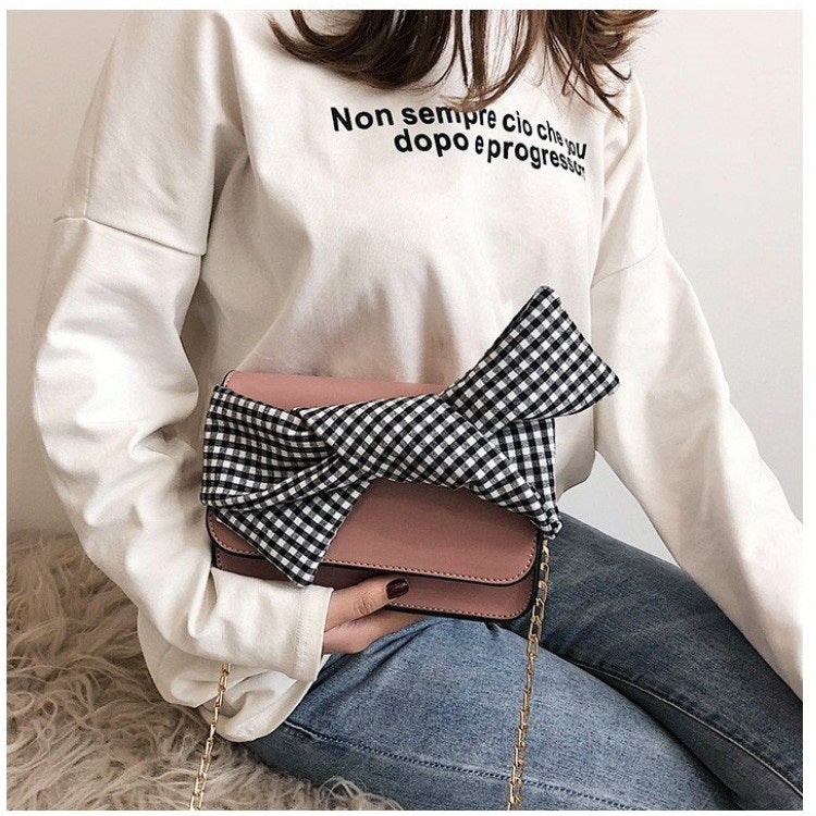 Plaid Cloth Bow Fashion PU Leather Single Shoulder Bag Ladies Messenger Tote Bag (Pink)
