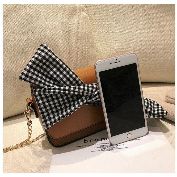 Plaid Cloth Bow Fashion PU Leather Single Shoulder Bag Ladies Messenger Tote Bag (Pink)