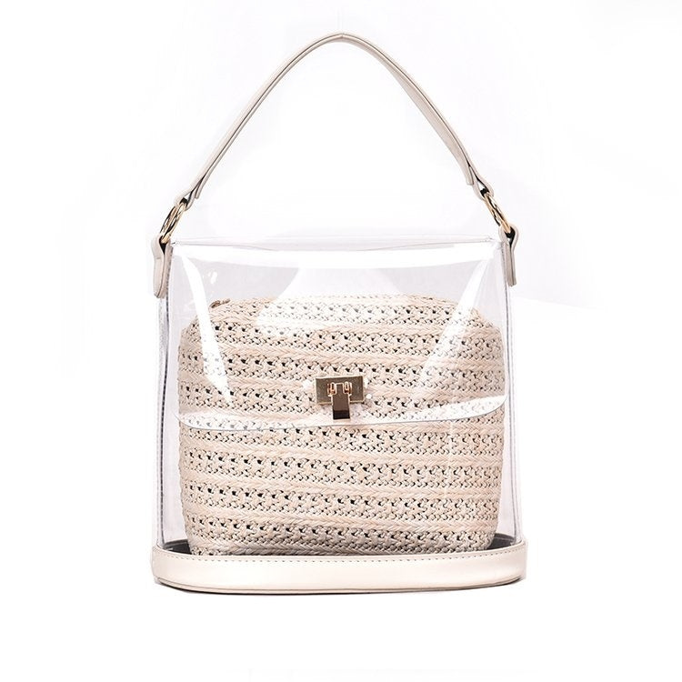 2 in 1 Straw Bag Single Shoulder Bag Ladies Handbag Messenger Bag (White)