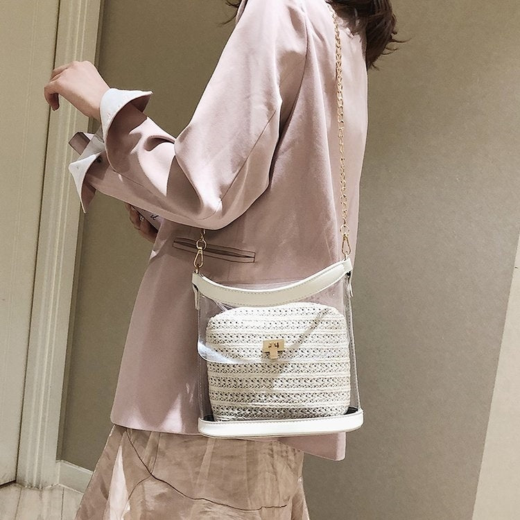 2 in 1 Straw Bag Single Shoulder Bag Ladies Handbag Messenger Bag (White)