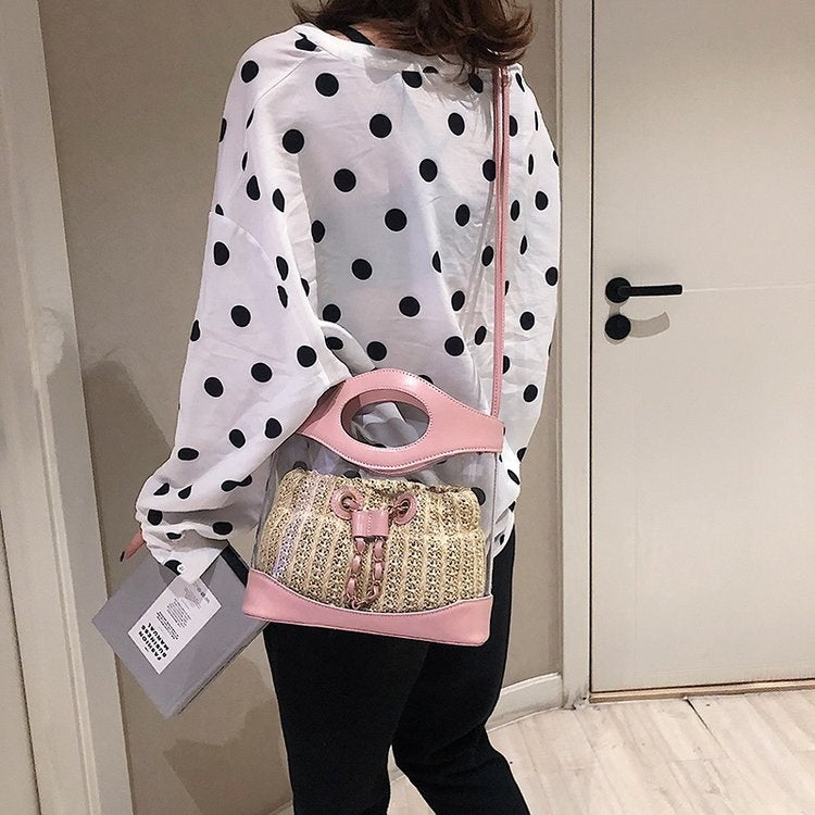 2 in 1 Straw Bag Single Shoulder Bag Ladies Handbag Messenger Bag (Pink)