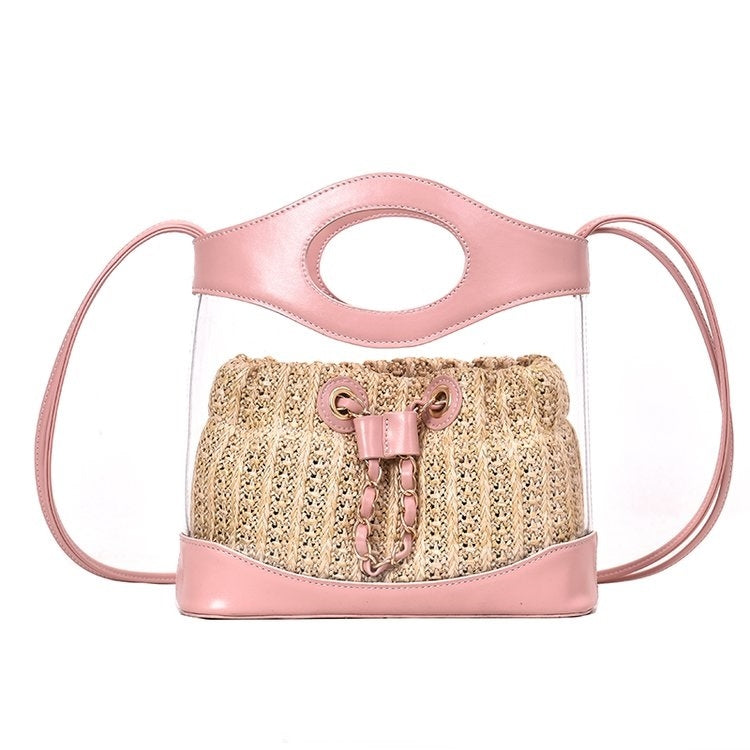 2 in 1 Straw Bag Single Shoulder Bag Ladies Handbag Messenger Bag (Pink)