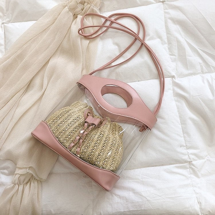 2 in 1 Straw Bag Single Shoulder Bag Ladies Handbag Messenger Bag (Pink)