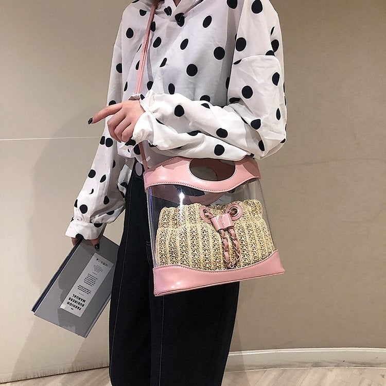 2 in 1 Straw Bag Single Shoulder Bag Ladies Handbag Messenger Bag (Pink)