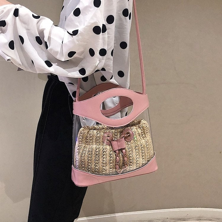 2 in 1 Straw Bag Single Shoulder Bag Ladies Handbag Messenger Bag (Pink)