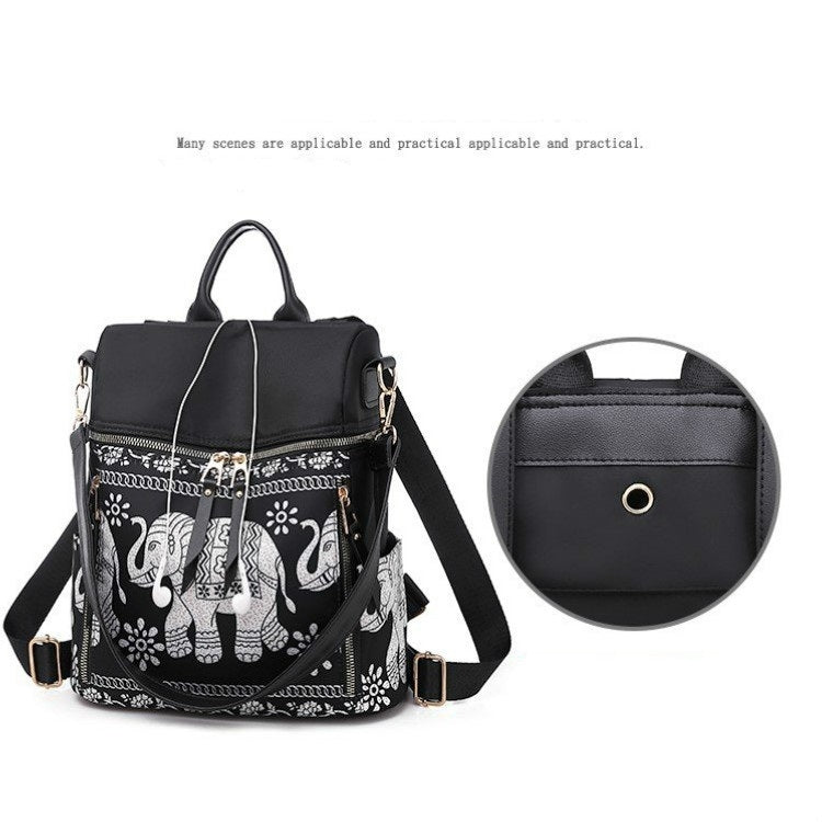 Fashion Elephant Pattern Oxford Cloth Shoulder Bag Ladies Handbag Multi-function Messenger Bag (Black)