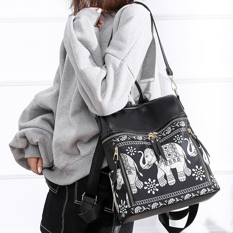 Fashion Elephant Pattern Oxford Cloth Shoulder Bag Ladies Handbag Multi-function Messenger Bag (Black)