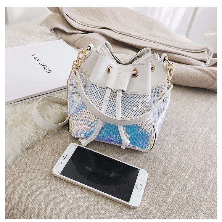 Fashion Sequins Drawstring Bucket Bag Chain Handbags Single Shoulder Bag Messenger Bag