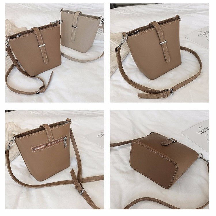 Pure Color Bucket Bag Handbag Single Shoulder Bag Messenger Bag (Brown)