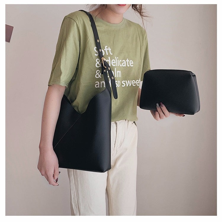 2 in 1 Large-capacity Solid Color Single Shoulder Bag Ladies Handbag