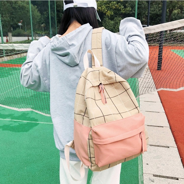 Plaid Color Matching Fresh Fashion Double Zip Canvas Girls Backpack Double-shoulder Bag