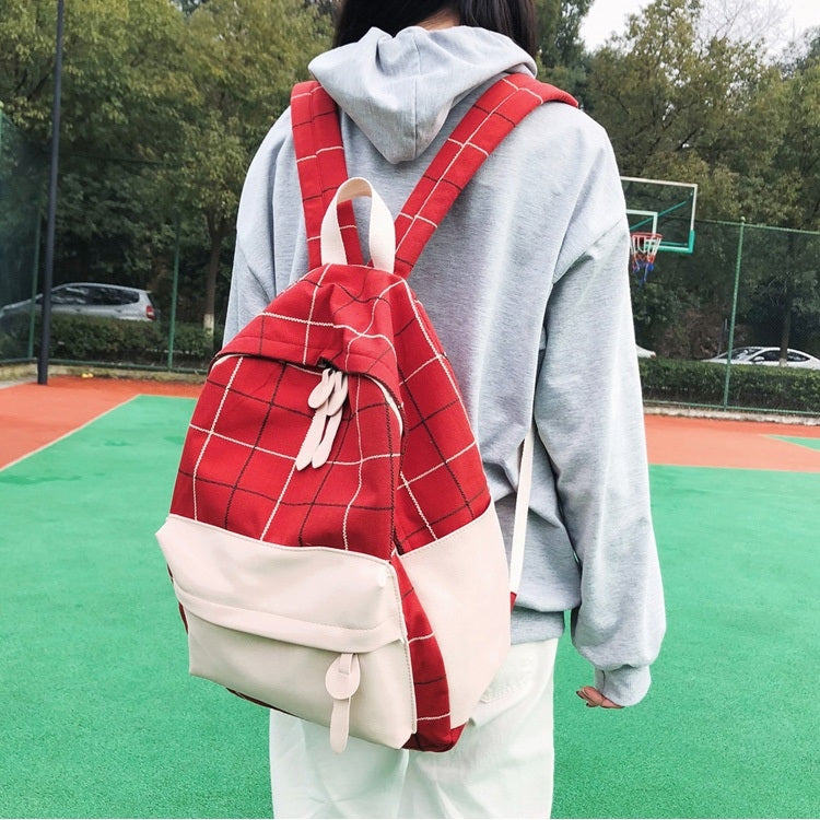 Plaid Color Matching Fresh Fashion Double Zip Canvas Girls Backpack Double-shoulder Bag