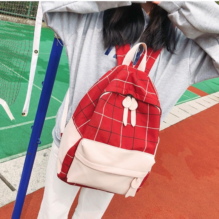 Plaid Color Matching Fresh Fashion Double Zip Canvas Girls Backpack Double-shoulder Bag