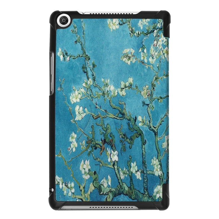 Apricot Flower Pattern Colored Painted Horizontal Flip PU Leather Case for Huawei Honor Tab 5 8.0, with Three-folding Holder