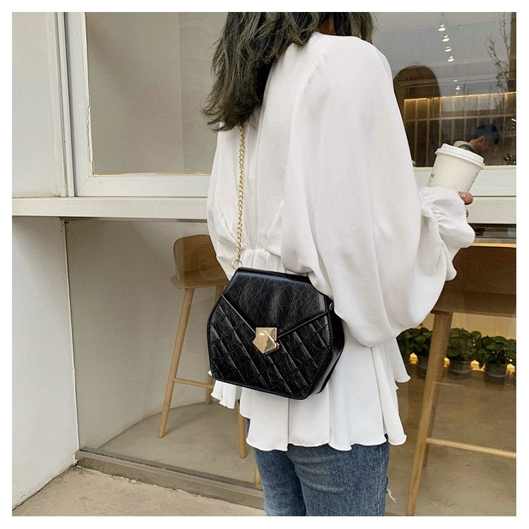 Hexagonal Shape Magnetic Buckle Rhombus Texture PU Leather Single Shoulder Bag Ladies Handbag Messenger Bag