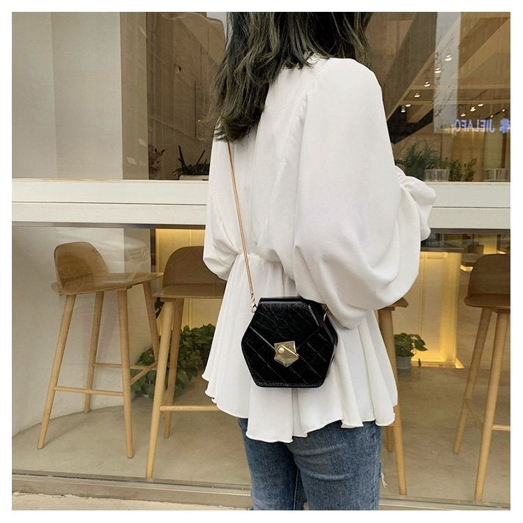 Hexagonal Shape Magnetic Buckle Rhombus Texture PU Leather Single Shoulder Bag Ladies Handbag Messenger Bag