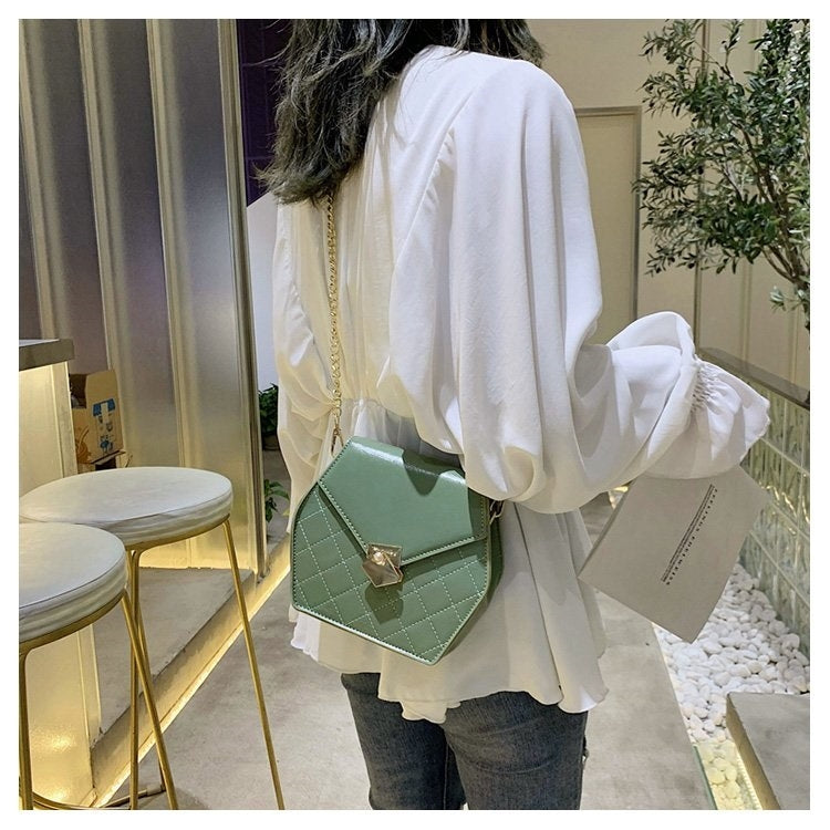 Hexagonal Shape Magnetic Buckle Rhombus Texture PU Leather Single Shoulder Bag Ladies Handbag Messenger Bag