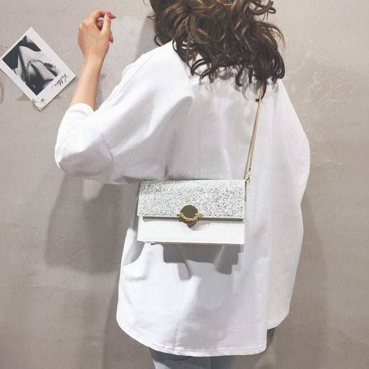 Magnetic Buckle Rhombus Texture Sequin Color Matching PU Leather Chain Single Shoulder Bag Ladies Handbag Messenger Bag (White)