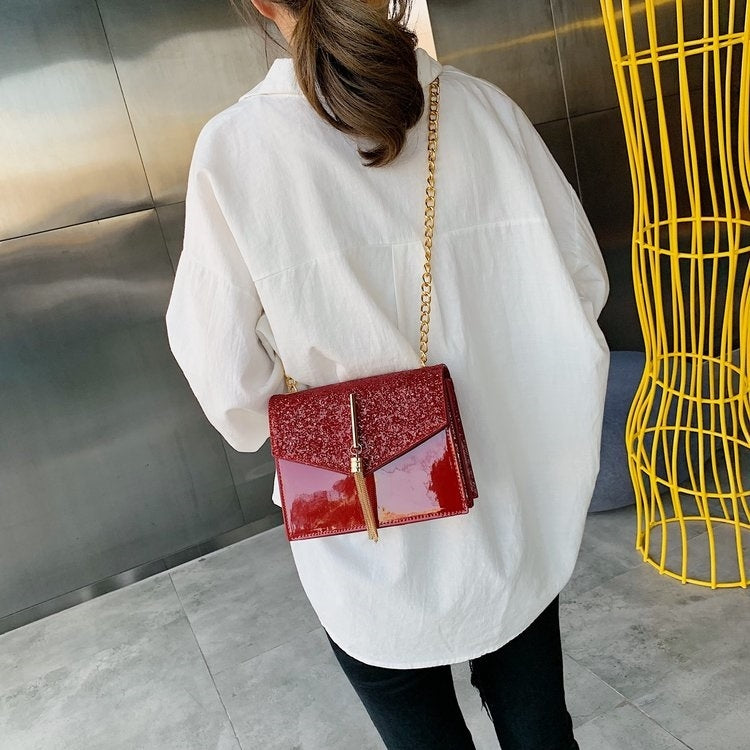 Glitter Tassel PU Leather Chain Single Shoulder Bag Ladies Handbag Messenger Bag (Red)