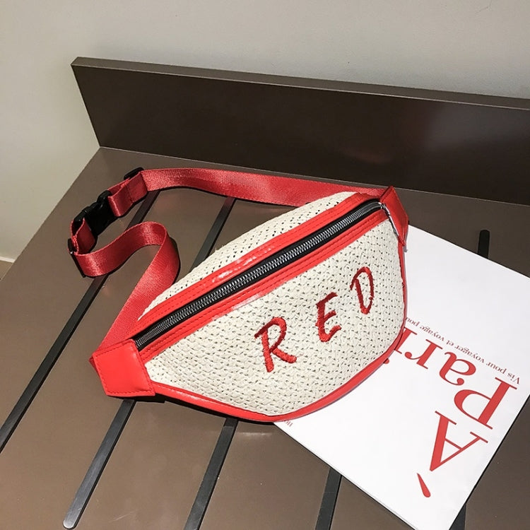 Fashion Weaving Straw Color Letter PU Single Shoulder Bag Zipper Messenger Bag Waist Sports Chest Pockets Bag