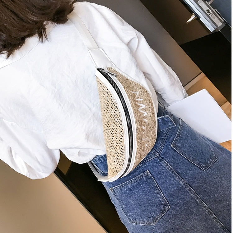 Fashion Weaving Straw Color Letter PU Single Shoulder Bag Zipper Messenger Bag Waist Sports Chest Pockets Bag