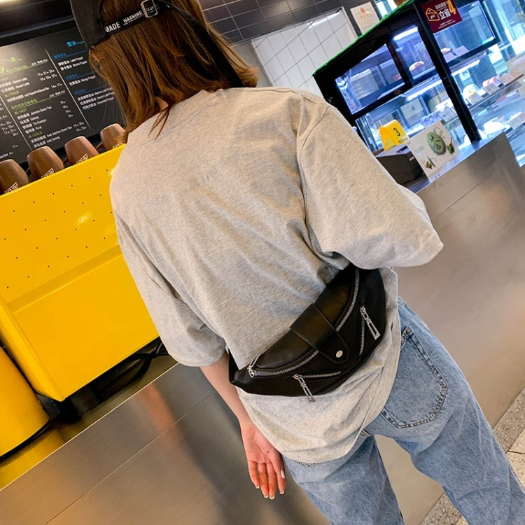 Solid Color Fashion PU Single Shoulder Bag Zipper Messenger Bag Casual Waist Chest Pockets Bag