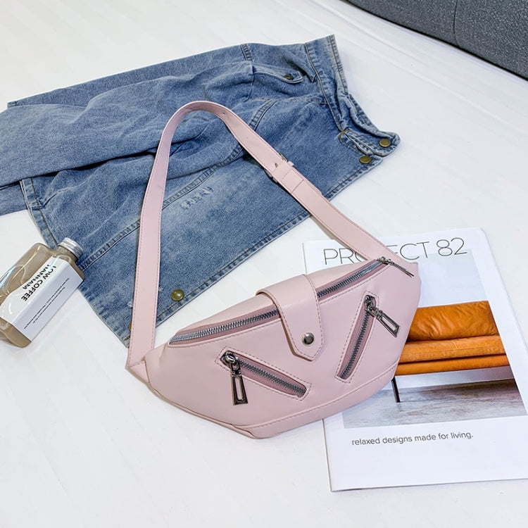 Solid Color Fashion PU Single Shoulder Bag Zipper Messenger Bag Casual Waist Chest Pockets Bag