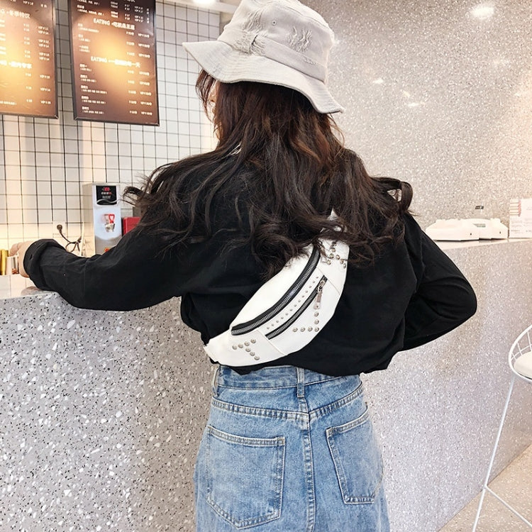 Fashion Rivet PU Single Shoulder Bag Zipper Ladies Messenger Bag Chest Waist Pockets Bag
