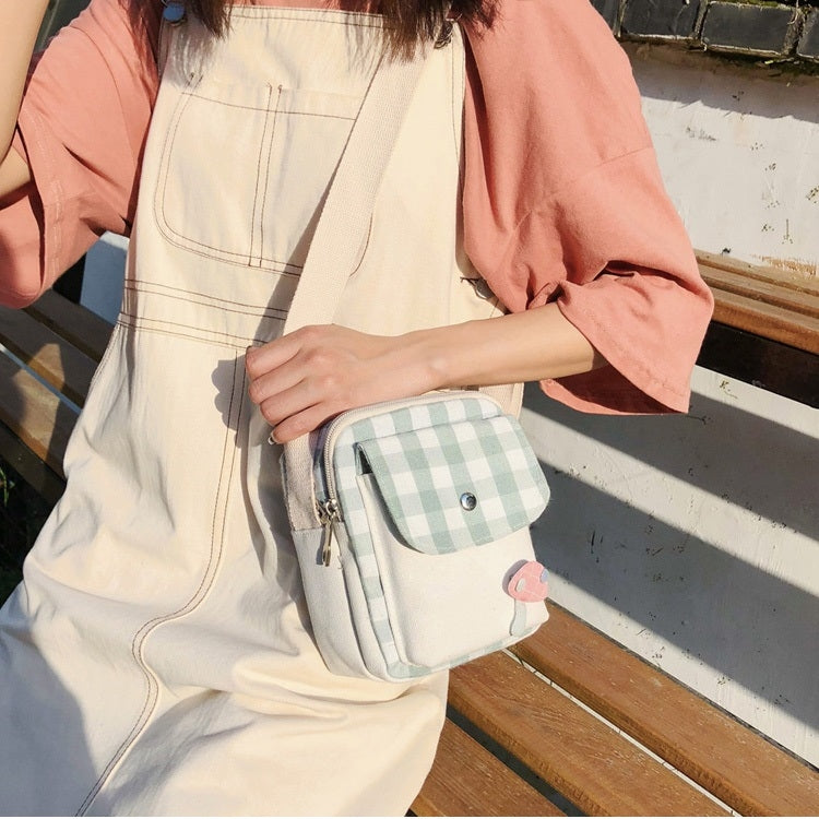 Fresh Simple Lattice Pattern Cute Mushroom Decoration Canvas Single Shoulder Bag Ladies Chest Bag