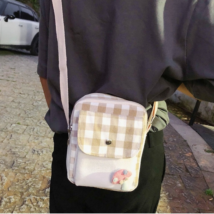 Fresh Simple Lattice Pattern Cute Mushroom Decoration Canvas Single Shoulder Bag Ladies Chest Bag