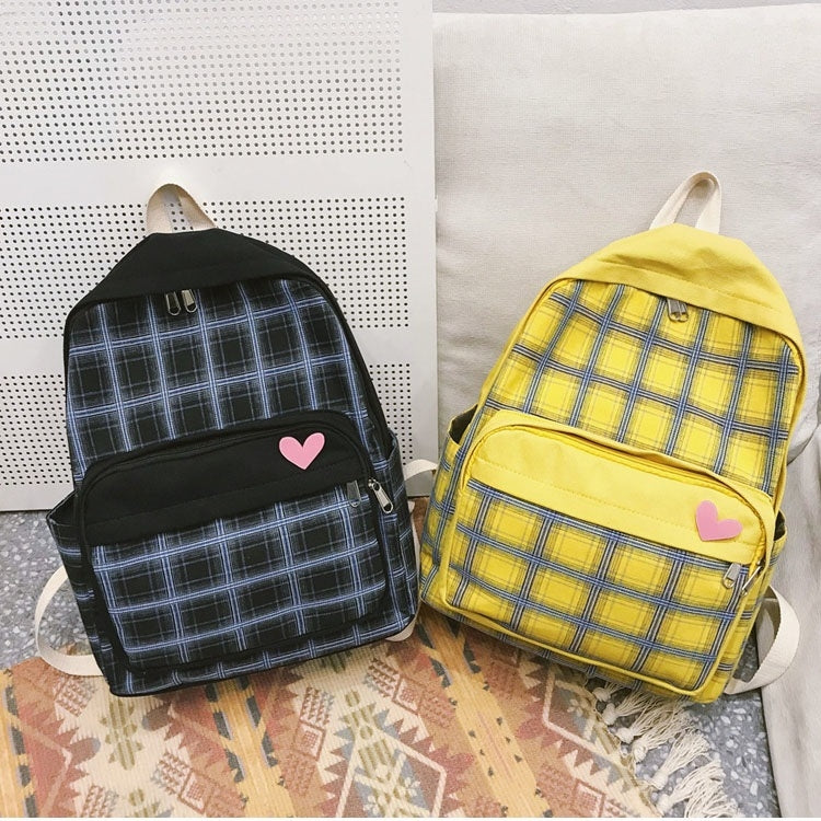 Large-capacity Heart Lattice Pattern Casual Double Shoulders Bag Casual Backpack Couple School Bag