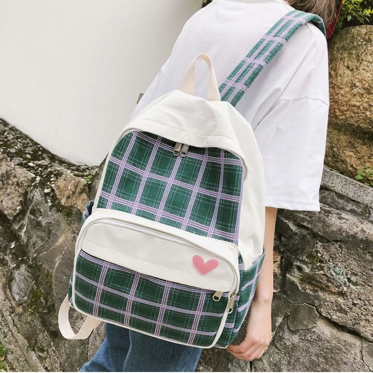 Large-capacity Heart Lattice Pattern Casual Double Shoulders Bag Casual Backpack Couple School Bag